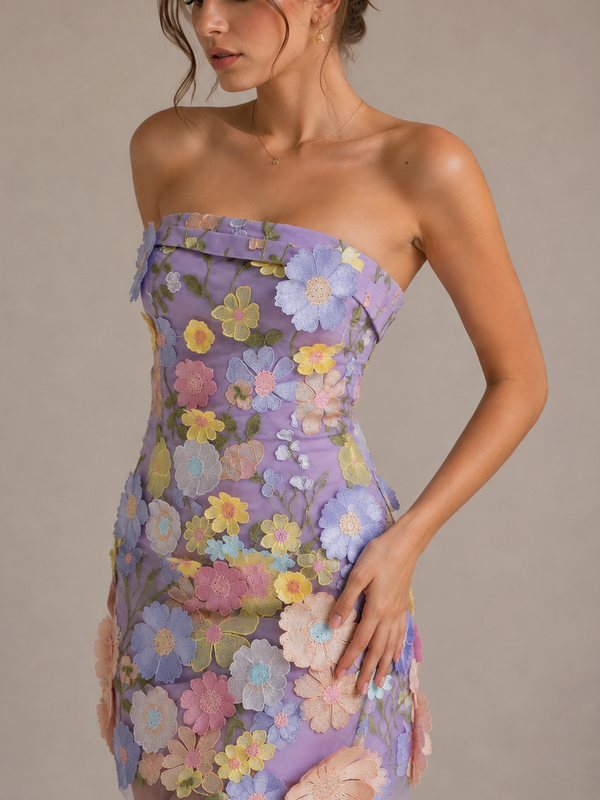 Lilac Strapless Floral Embroidered Mini Dress