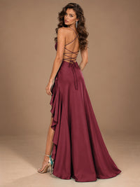 Burgundy Spaghetti Strap Ruched Prom Dress with Ruffled High Slit