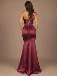 Dusty Blue Strapless Lace Corset Prom Dress with High Slit