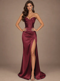 Dusty Blue Strapless Lace Corset Prom Dress with High Slit