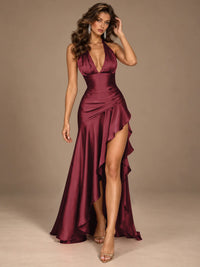 Burgundy Halter Deep V-Neck Ruched High Slit Ruffle Prom Dress