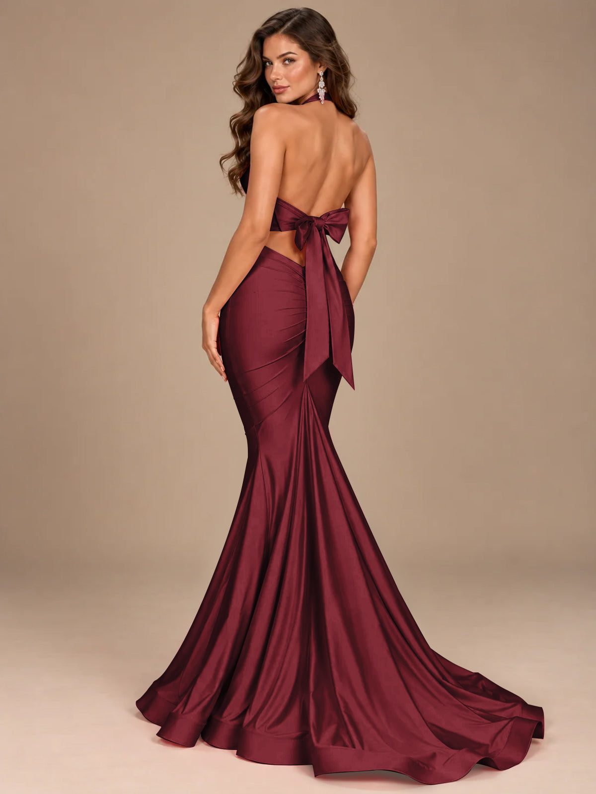 Pink Halter Deep V-Neck Ruched Mermaid Prom Dress