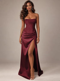 Burgundy Strapless Sparkly Corset Prom Dress with High Slit