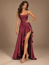 Burgundy Spaghetti Strap Ruched Prom Dress with Ruffled High Slit