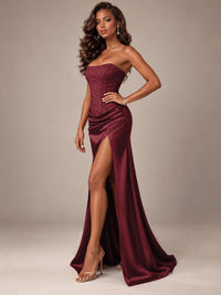 Burgundy Strapless Sparkly Corset Prom Dress with High Slit