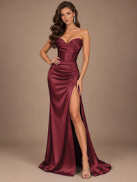Dusty Blue Strapless Lace Corset Prom Dress with High Slit