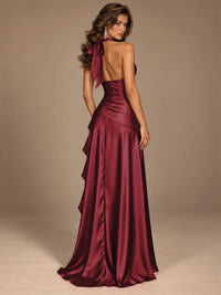 Burgundy Halter Deep V-Neck Ruched High Slit Ruffle Prom Dress