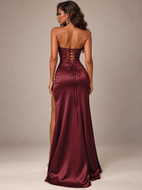 Burgundy Strapless Sparkly Corset Prom Dress with High Slit