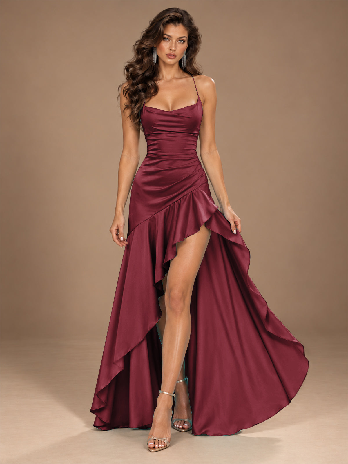 Burgundy Spaghetti Strap Ruched Prom Dress with Ruffled High Slit