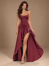 Burgundy Spaghetti Strap Ruched Prom Dress with Ruffled High Slit