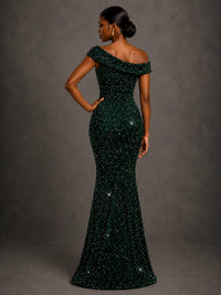 Emerald Green Sequin Off Shoulder Mermaid Prom Dress