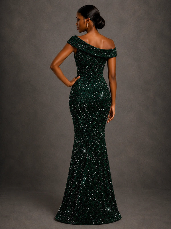 Emerald Green Sequin Off Shoulder Mermaid Prom Dress