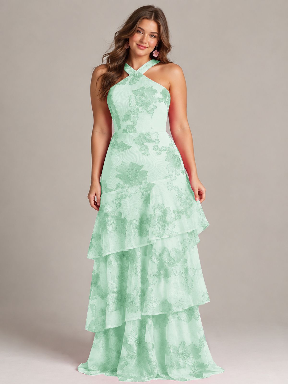 Tiered Ruffles Halter Floral Applique Prom Dress