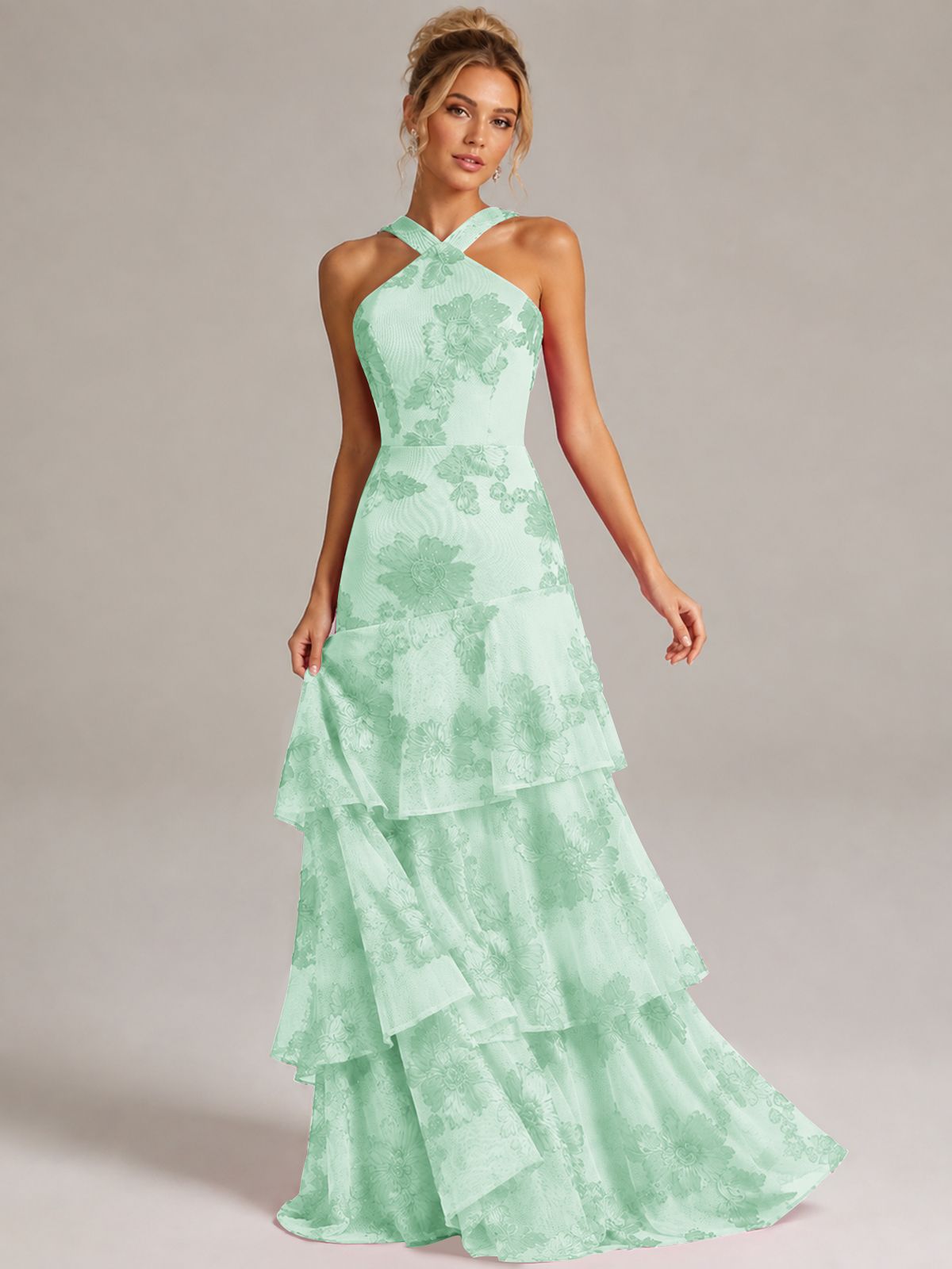 Tiered Ruffles Halter Floral Applique Prom Dress