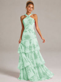 Tiered Ruffles Halter Floral Applique Prom Dress