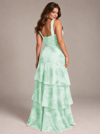 Tiered Ruffles Halter Floral Applique Prom Dress