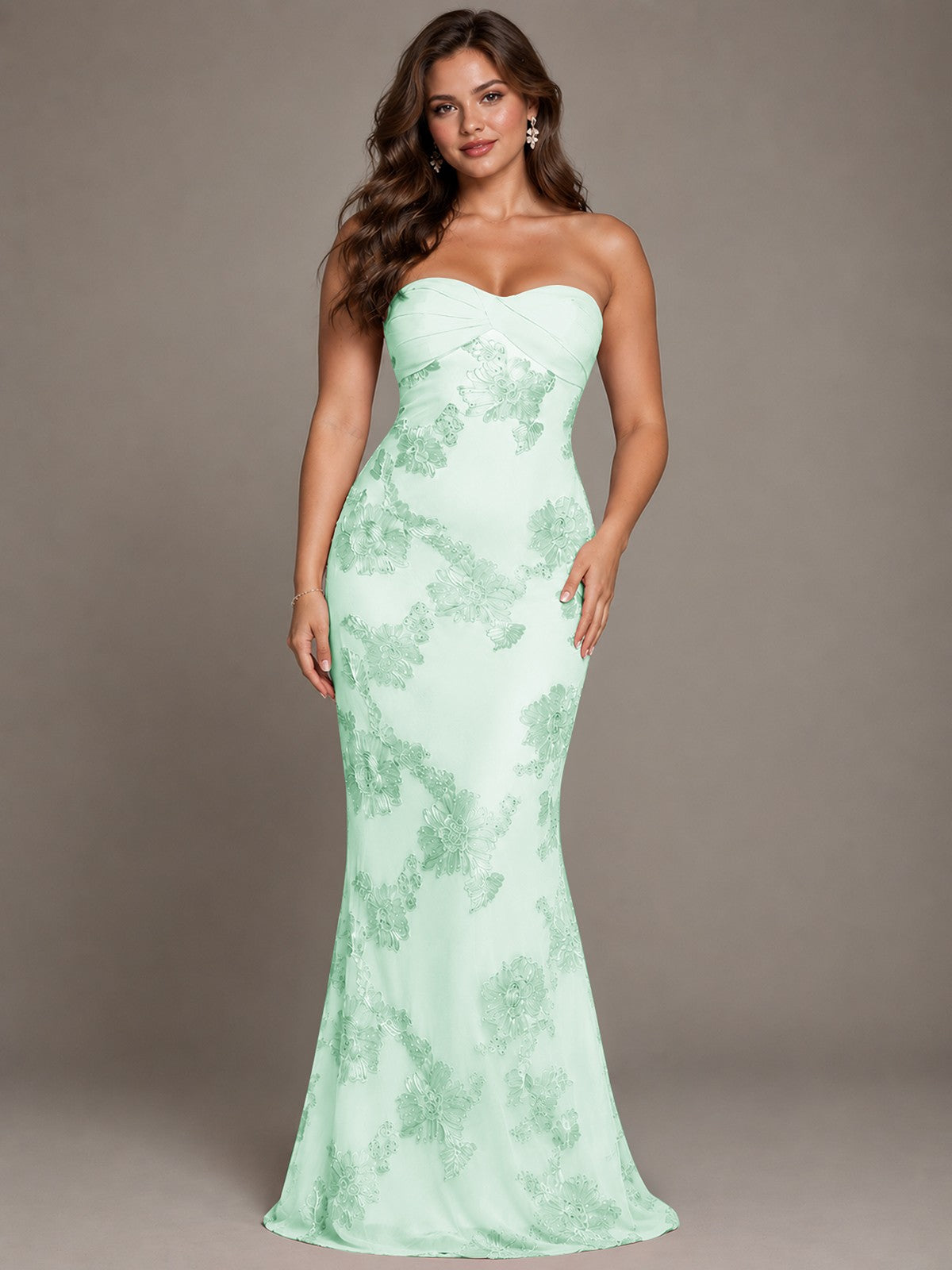 Strapless Floral Applique Mermaid Prom Dress