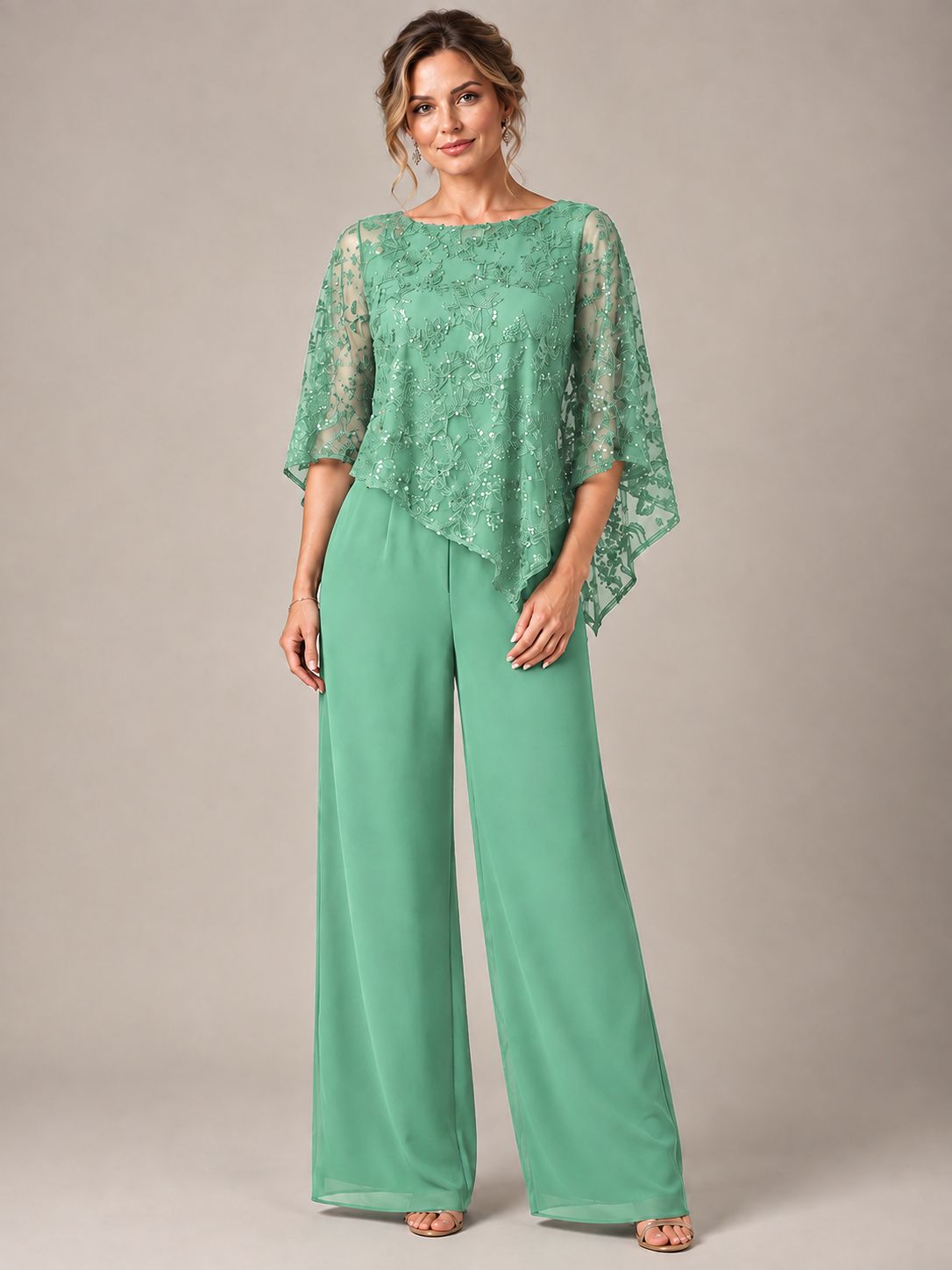 3/4 Sleeve Sequin Chiffon Jumpsuit with Cape
