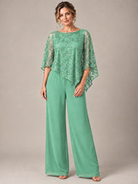 3/4 Sleeve Sequin Chiffon Jumpsuit with Cape