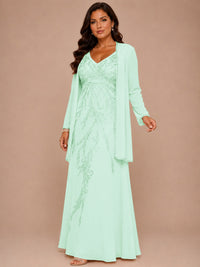 Champagne Beaded Chiffon Mother of the Bride Dress with Jacket V-Neck Gown