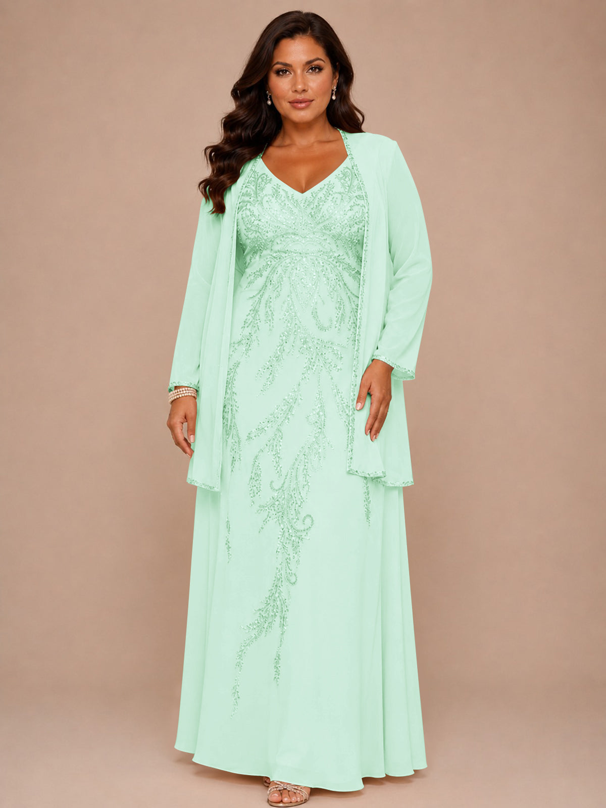 Champagne Beaded Chiffon Mother of the Bride Dress with Jacket V-Neck Gown