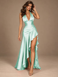 Burgundy Halter Deep V-Neck Ruched High Slit Ruffle Prom Dress