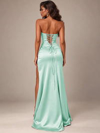 Burgundy Strapless Sparkly Corset Prom Dress with High Slit