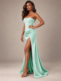 Burgundy Strapless Sparkly Corset Prom Dress with High Slit