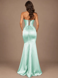 Dusty Blue Strapless Lace Corset Prom Dress with High Slit