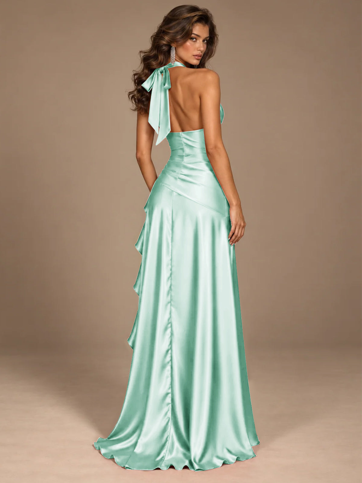 Burgundy Halter Deep V-Neck Ruched High Slit Ruffle Prom Dress