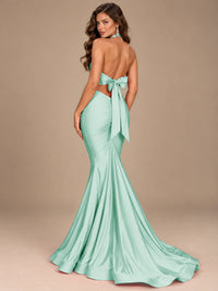 Pink Halter Deep V-Neck Ruched Mermaid Prom Dress