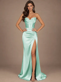 Dusty Blue Strapless Lace Corset Prom Dress with High Slit