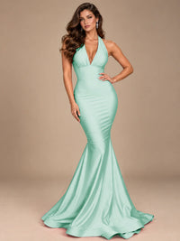 Pink Halter Deep V-Neck Ruched Mermaid Prom Dress