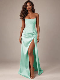 Burgundy Strapless Sparkly Corset Prom Dress with High Slit