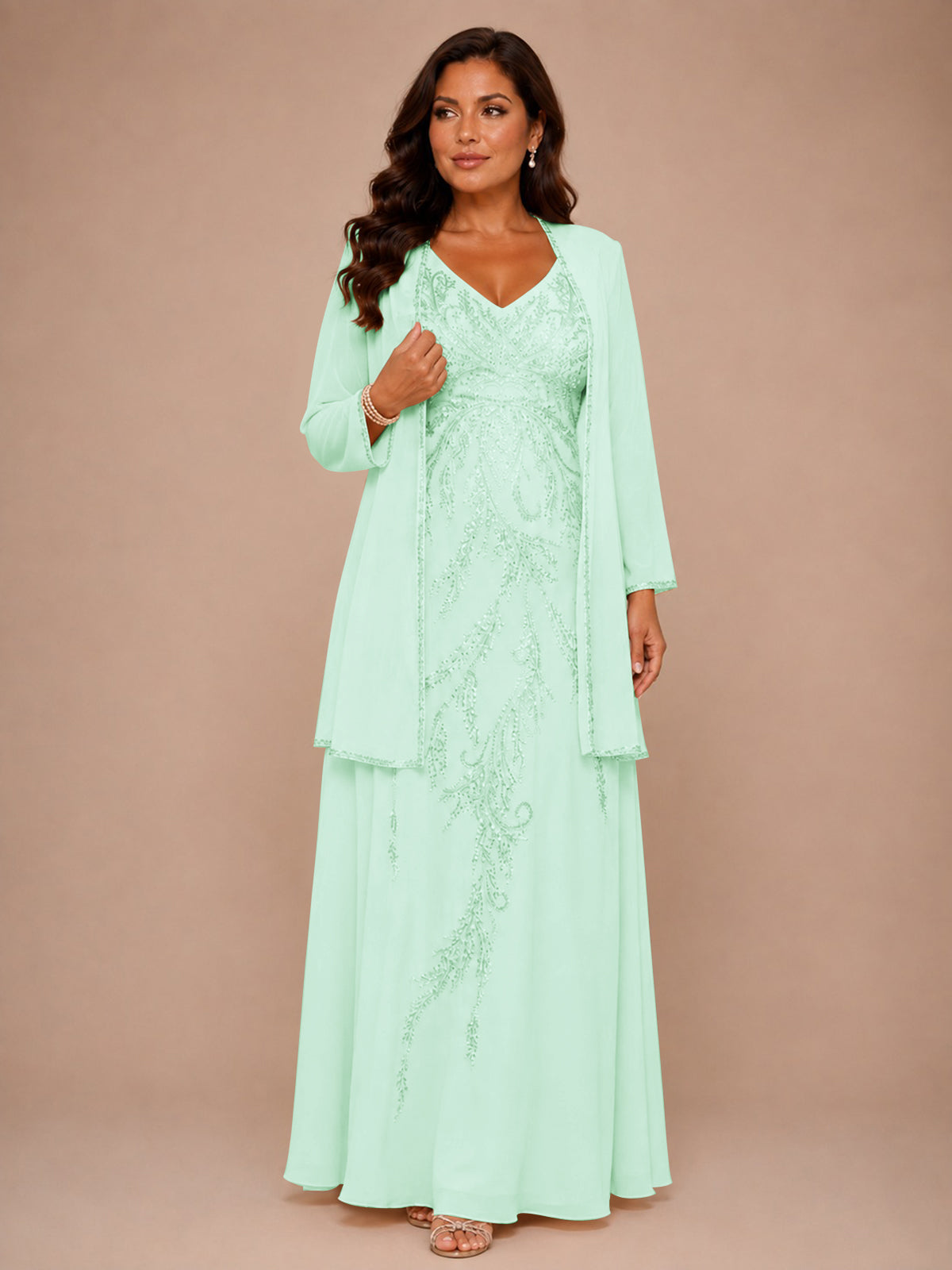Champagne Beaded Chiffon Mother of the Bride Dress with Jacket V-Neck Gown