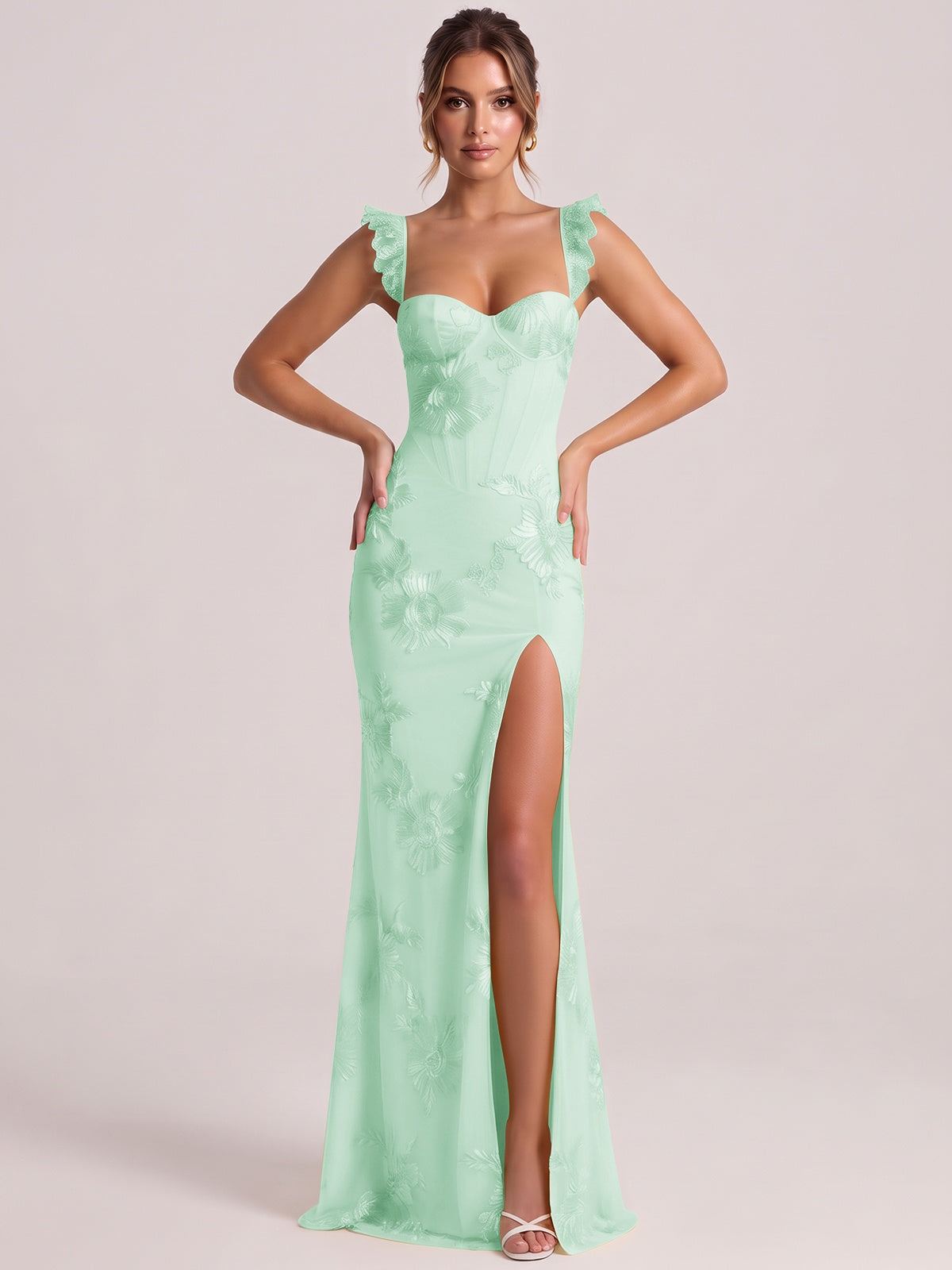 Sweetheart Floral Applique Corset Mermaid Prom Dress with High Slit
