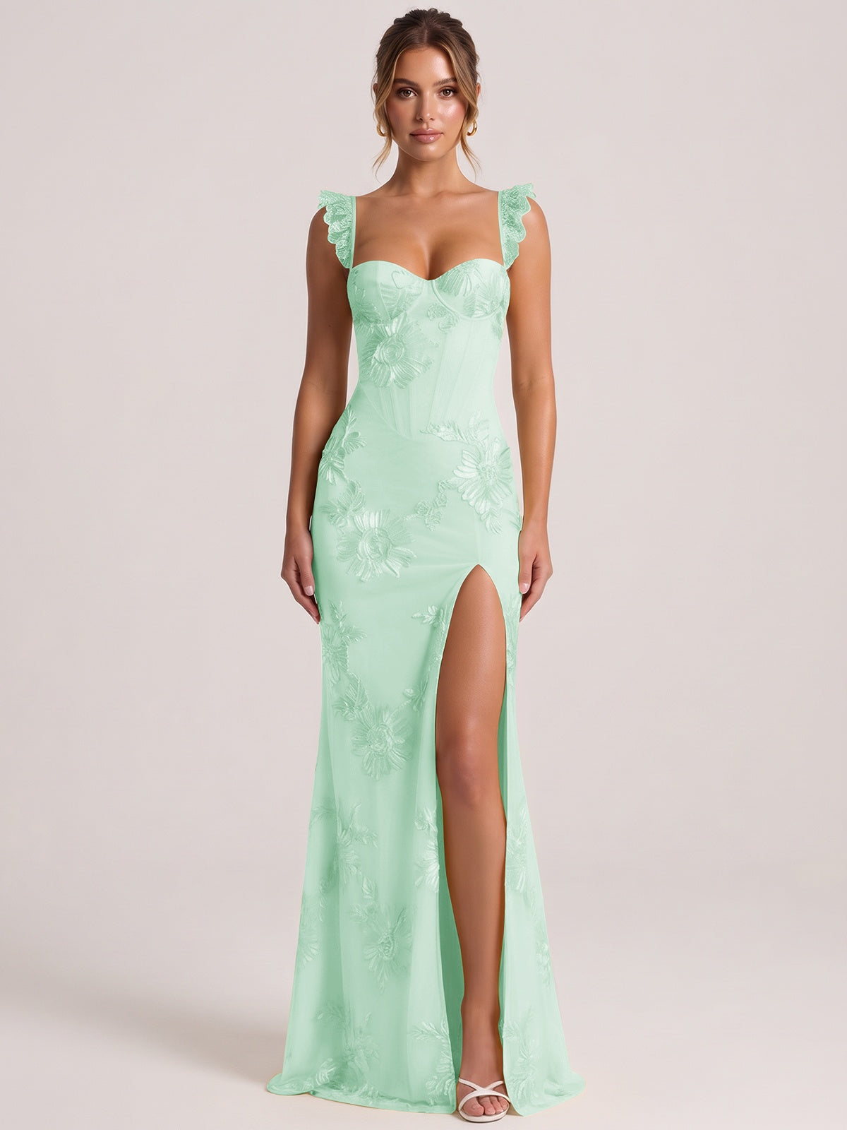 Mint Green Sweetheart Floral Applique Corset Mermaid Prom Dress with High Slit Long Formal Evening Gown