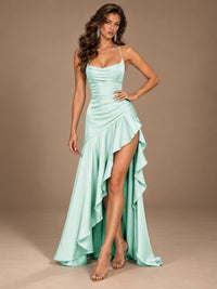 Burgundy Spaghetti Strap Ruched Prom Dress with Ruffled High Slit