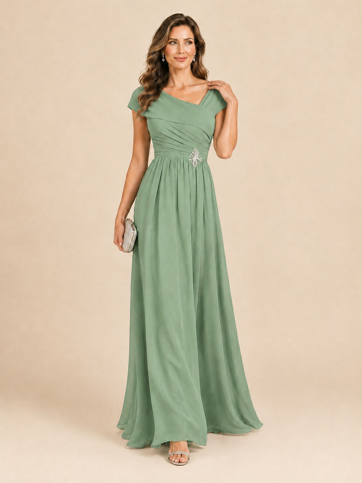 Cap Sleeve Mother of The Bride Dresses Long Chiffon Formal Gowns
