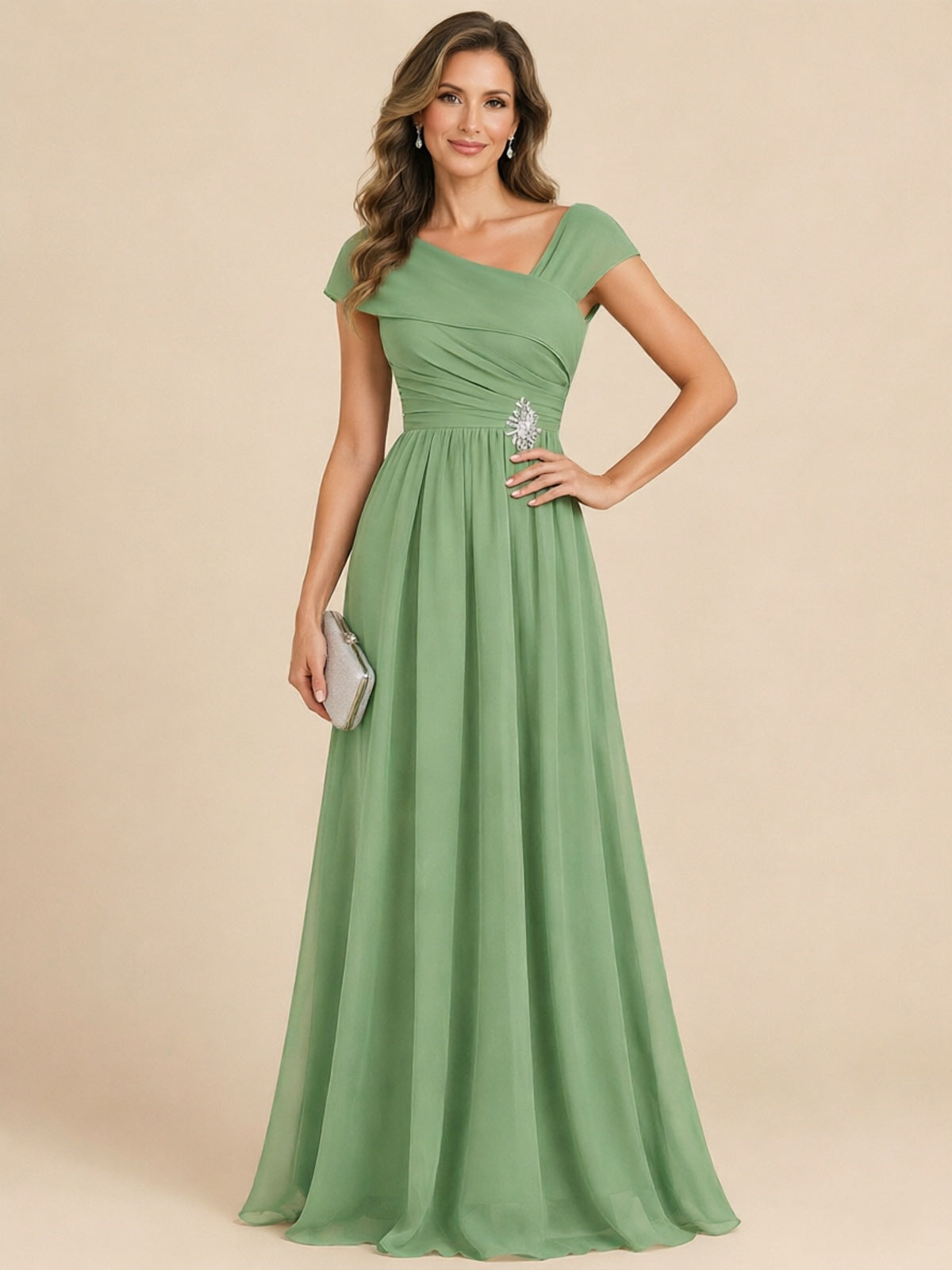 Cap Sleeve Mother of The Bride Dresses Long Chiffon Formal Gowns