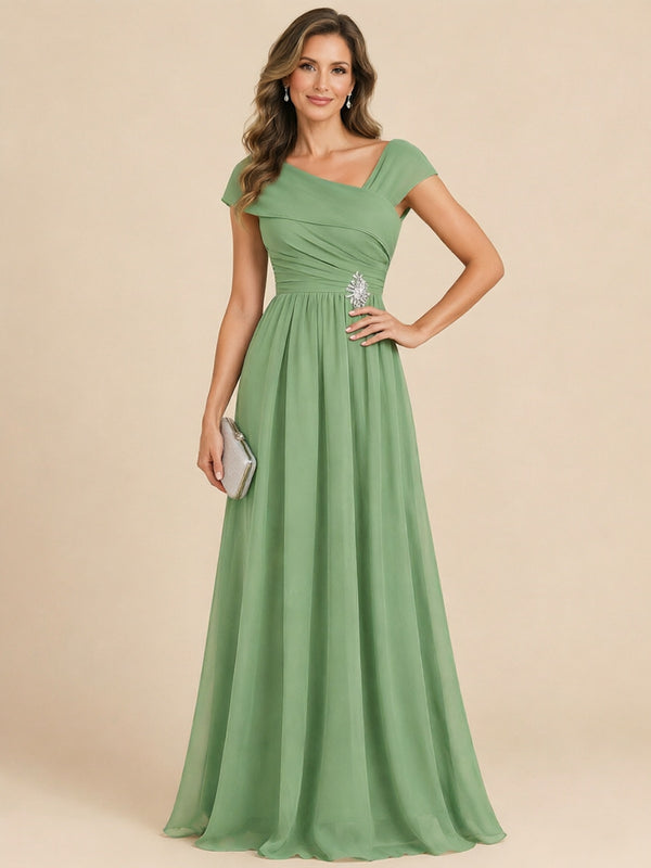 Sage Green Cap Sleeve Mother of The Bride Dresses Long Chiffon Formal Gowns