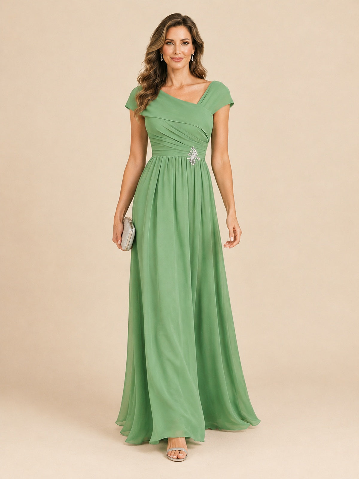 Cap Sleeve Mother of The Bride Dresses Long Chiffon Formal Gowns