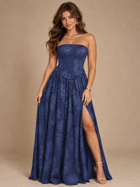Chocolate Brown Floral Strapless Corset A-Line Evening Gown with Slit