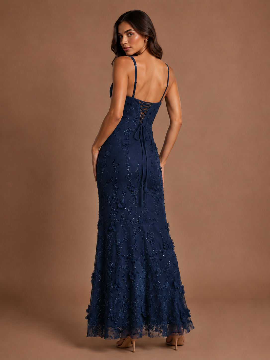 Floral Applique Mermaid Formal Dress with Lace-Up Back