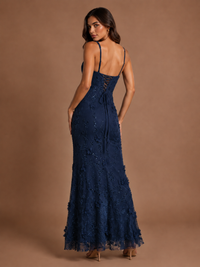 Floral Applique Mermaid Formal Dress with Lace-Up Back