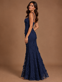 Floral Applique Mermaid Formal Dress with Lace-Up Back
