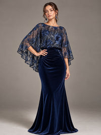 Navy Blue Floral Applique Velvet Maxi Dress