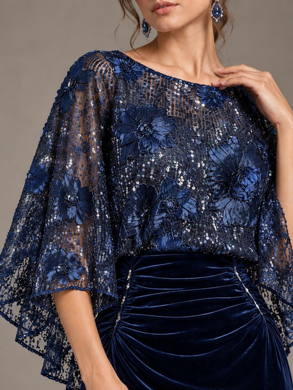 Navy Blue Floral Applique Velvet Maxi Dress