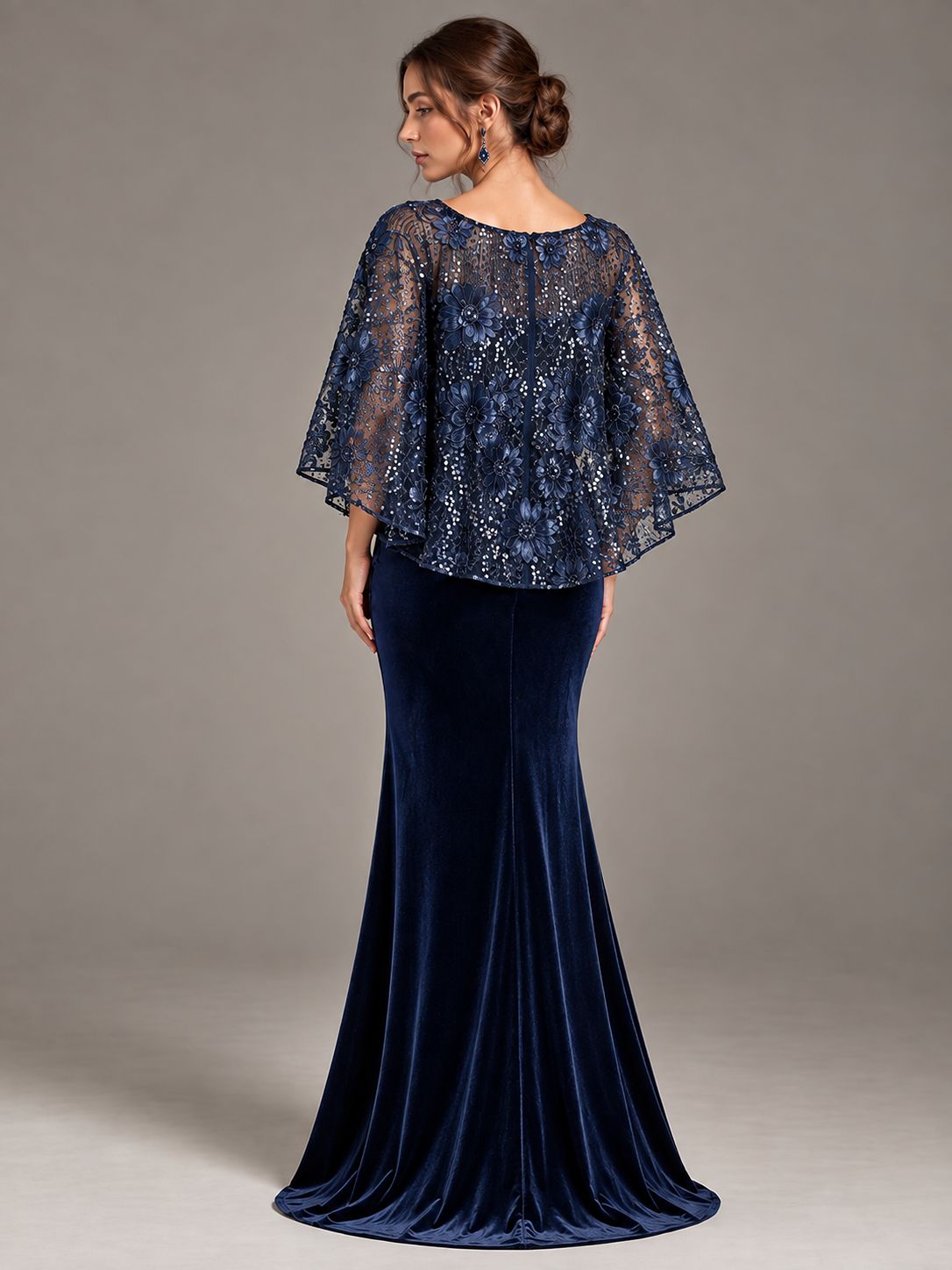 Navy Blue Floral Applique Velvet Maxi Dress