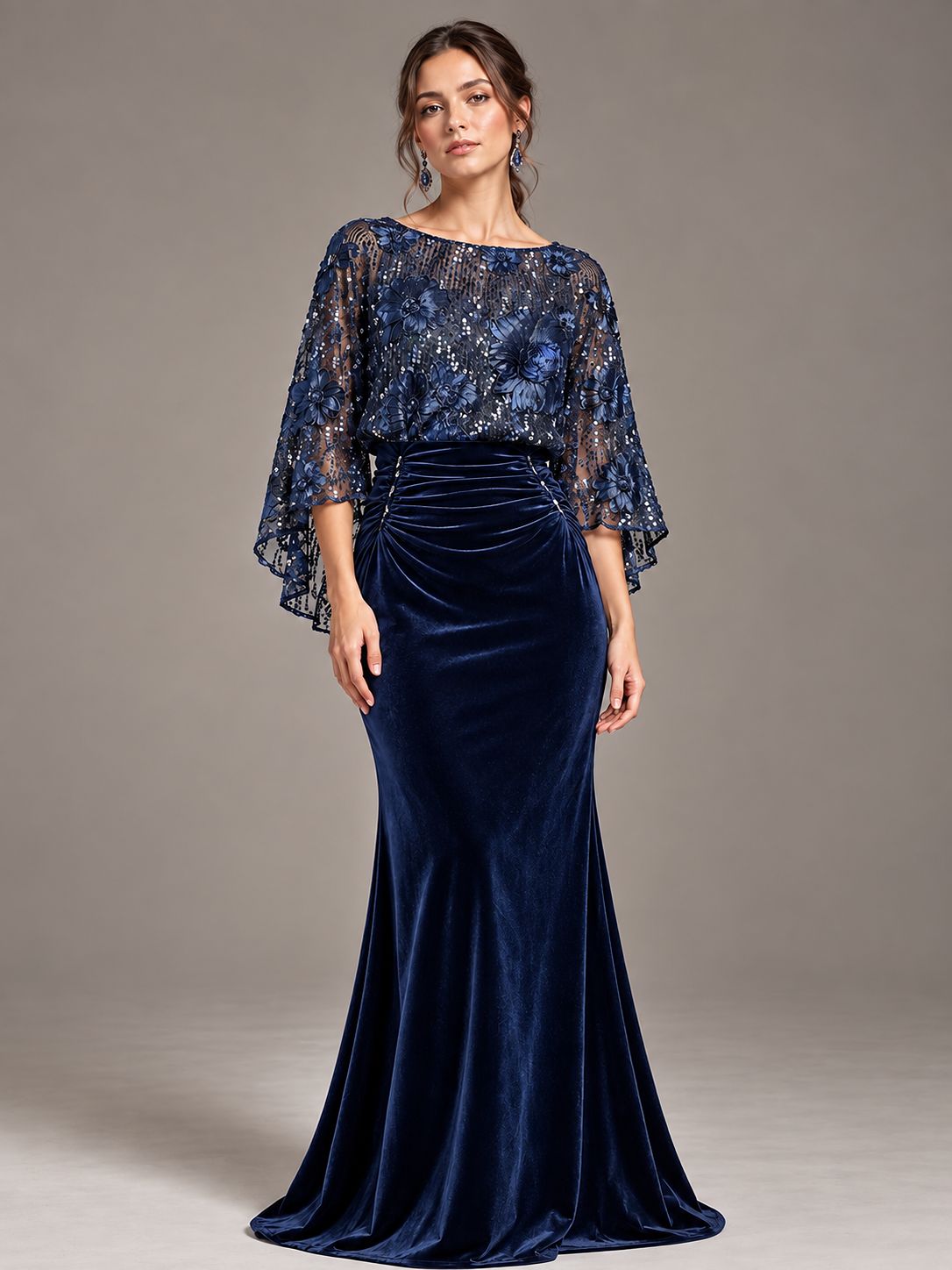 Navy Blue Floral Applique Velvet Maxi Dress